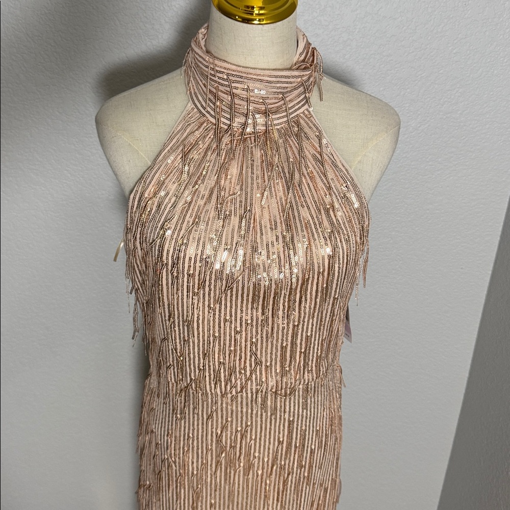 Embellished Sequin Fringe Power Mesh Dress W/Mock Halter & Elastic Waist - Picture 6 of 9
